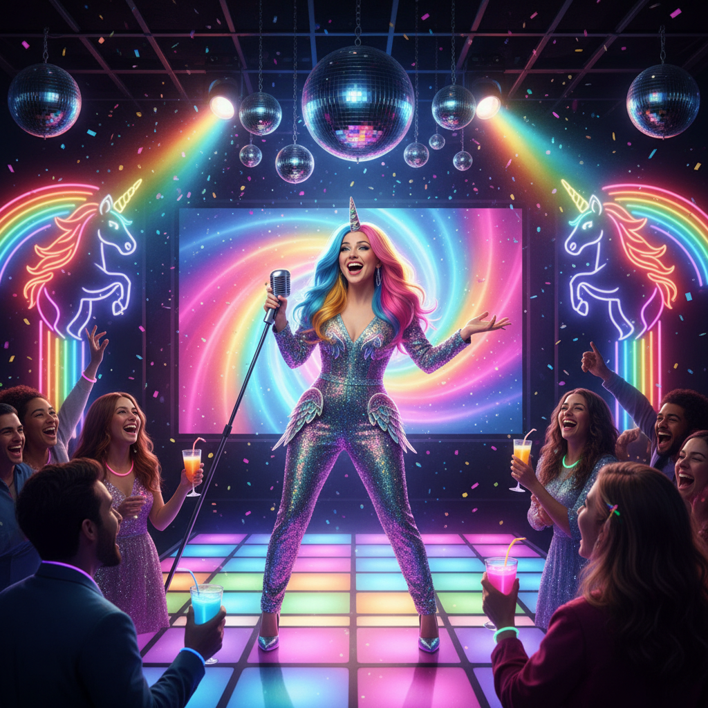 Chloe singing in a rainbow karaoke bar